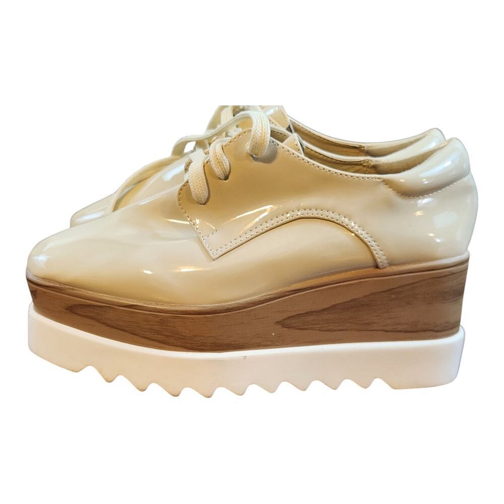 JiaoShangMi Platform Oxford Women Size 36 Cream Patent Wood Grain Wedge Sole